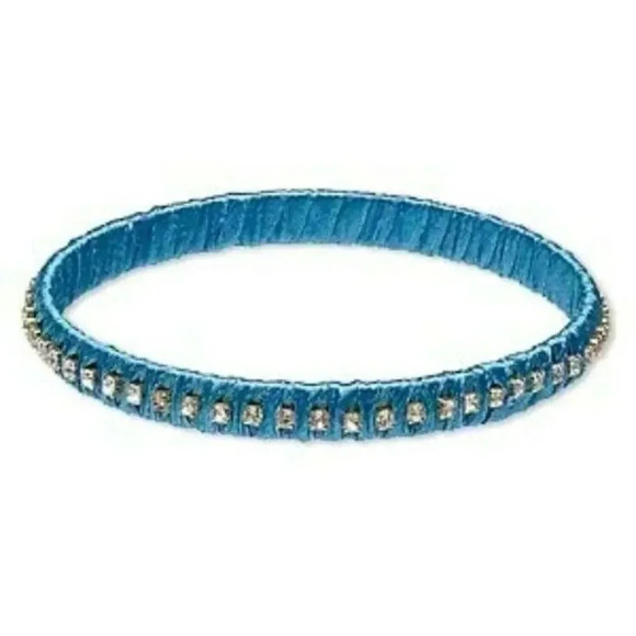 Rich India Turquoise Blue Satin Crystal Fabric Wrapped Brass Bangle Bracelet - Picture 1 of 1